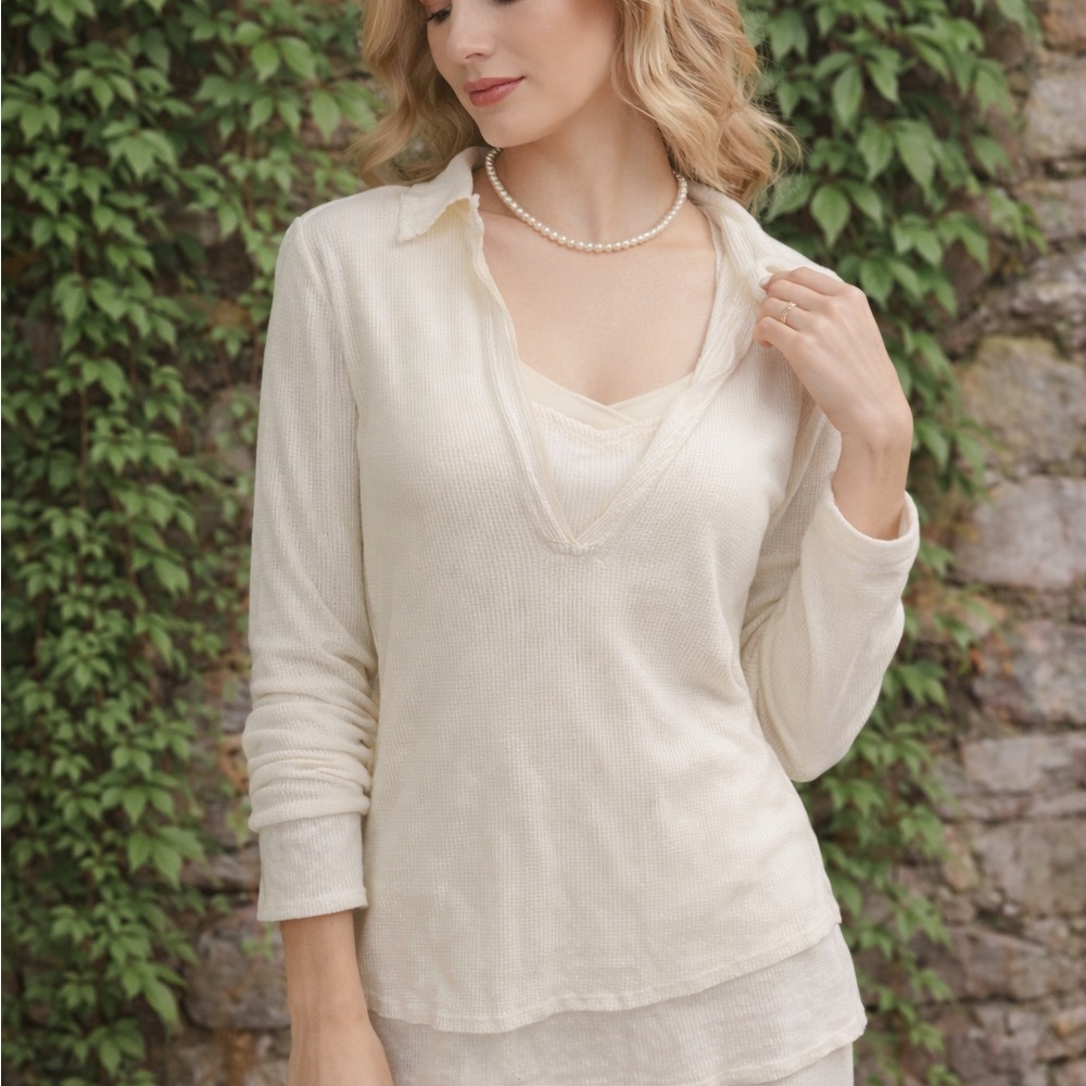 LINQ Two-Piece Luxury Fitted Minimalist Capsule Cream Layered Set, S/M